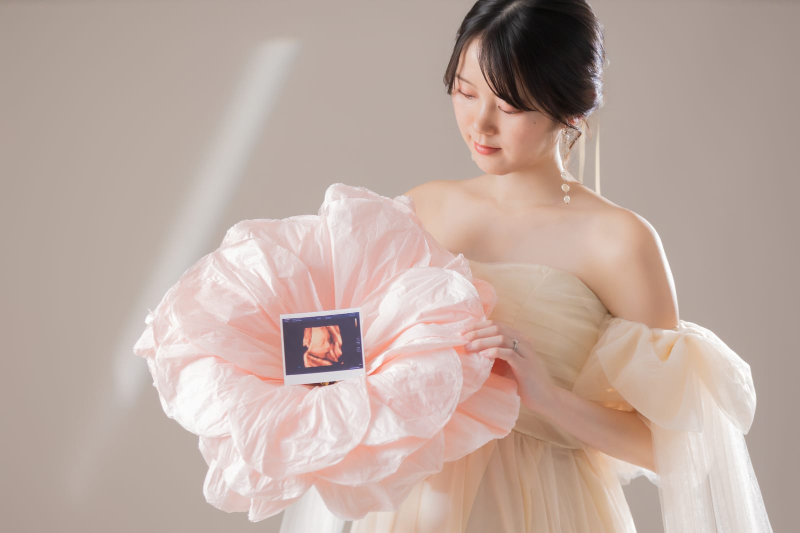 淡いピンクのドレスにエコー写真を添えた一枚